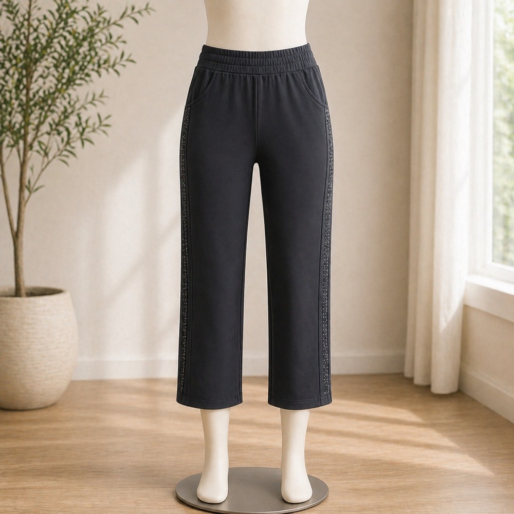 Belle by Kim Gravel Black Rhinestone Stripe Crop Pants Plus 3XP Elastic Waist